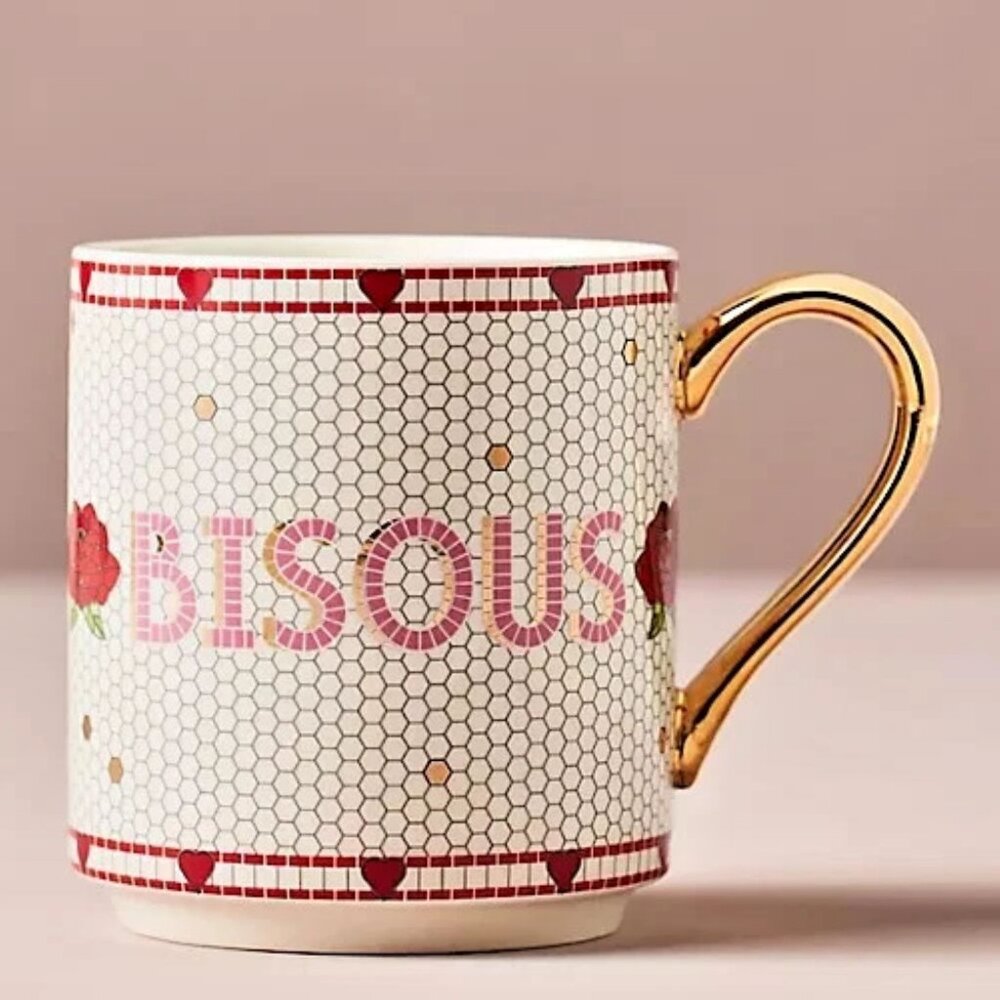 ANTHROPOLOGIE 24k GOLD BISTRO TILE STONEWARE BISOUS COFFEE MUG Discontinued